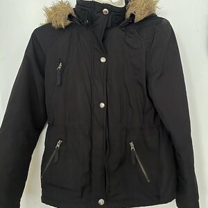American Rag Black Puffer Jacket with Faux Fur Hood